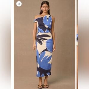 mon renn twilight palms blue & cream print asymmetrical blouse top size small